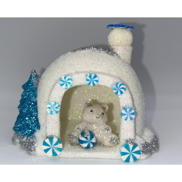 Vintage Miniature Igloo Diorama Pastel Blue Candy Cane Polar Bear Blue Tree OOAK - Picture 9 of 13